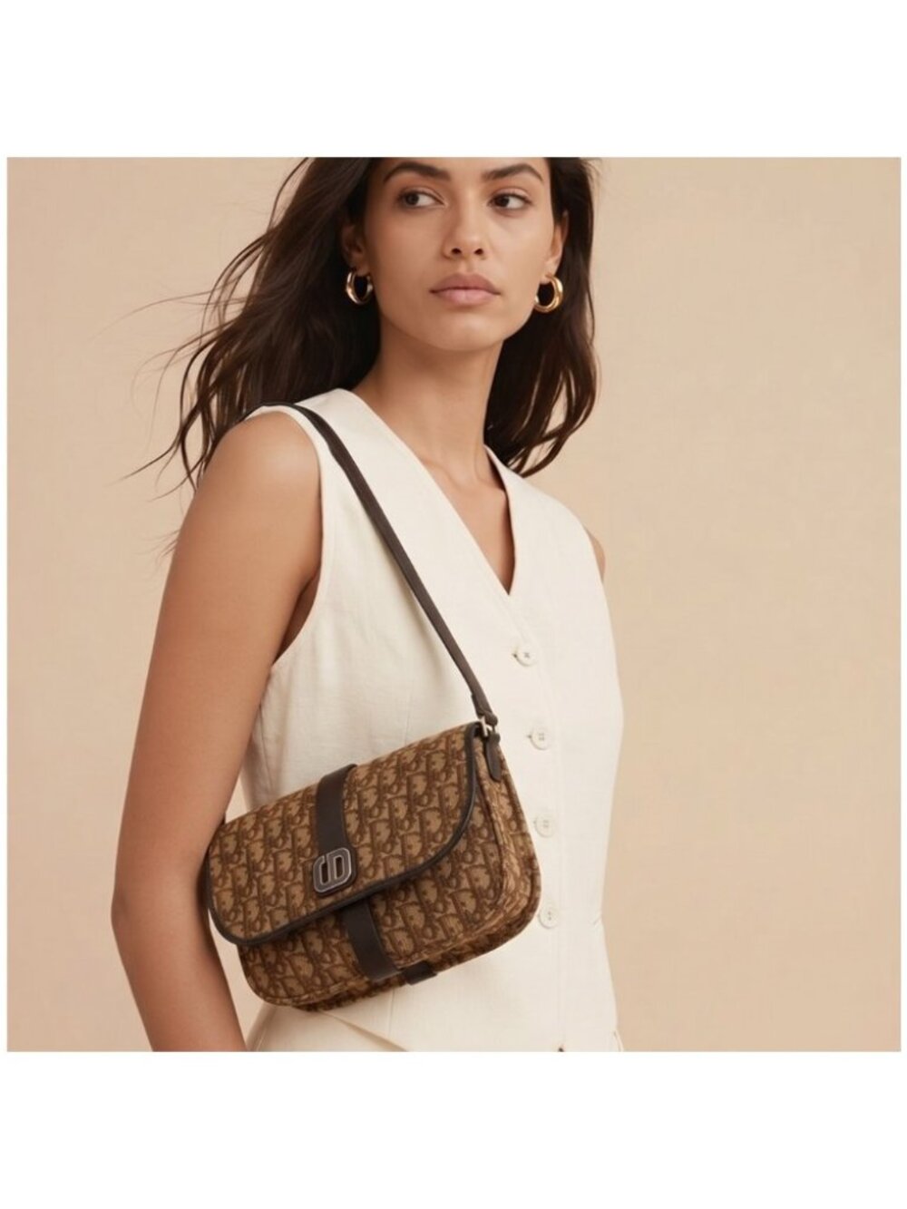 Dior Pre-Owned Brown Monogram Canvas Crossbody Bag with Dark Leather Trim